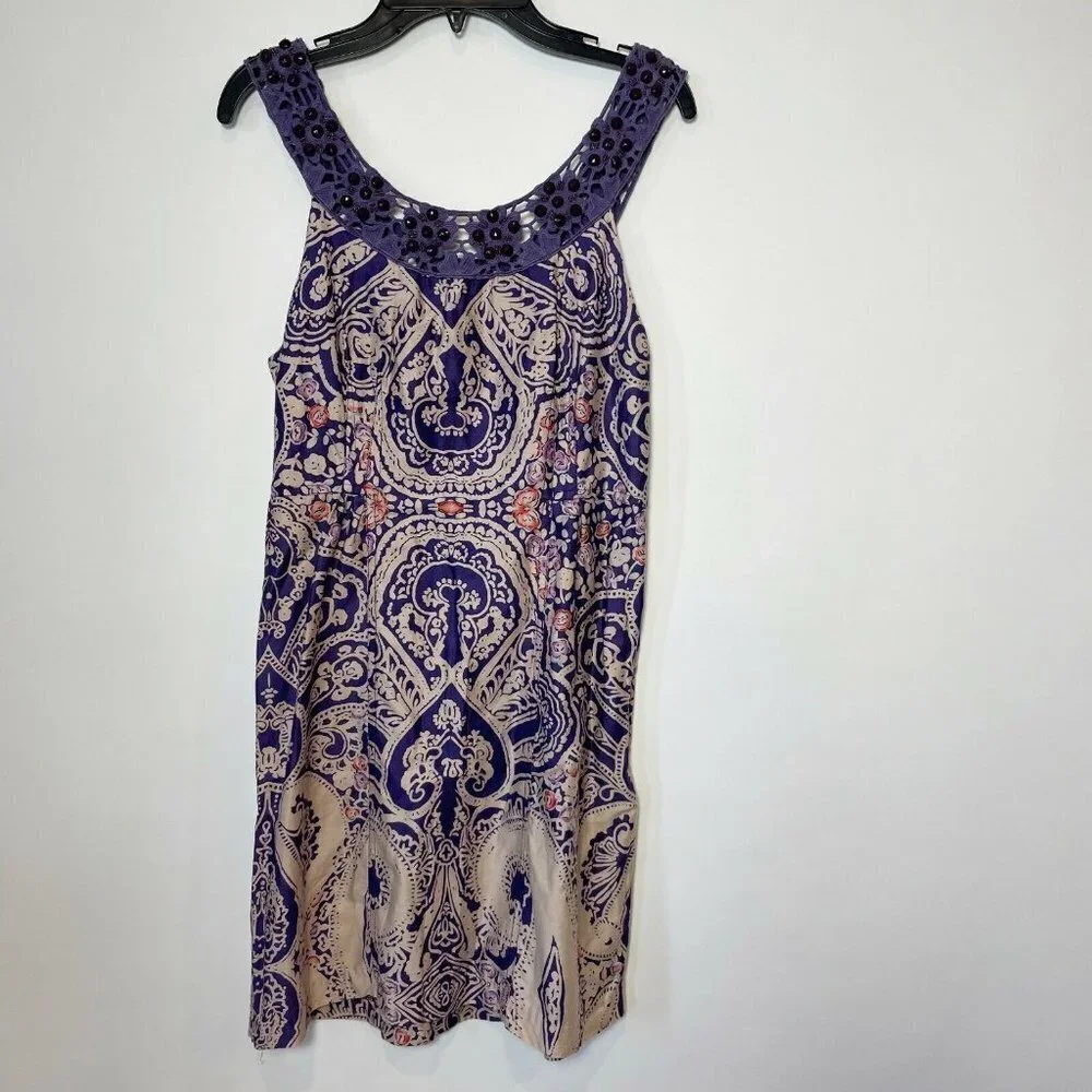 Free People Beaded Crochet Trim Sleeveless Mini Dress Purple Size 2 Paisley Boho